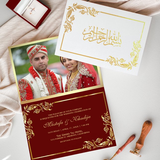 Gold Floral Red Photo Muslim Wedding Foil Card (Creator Uploaded)