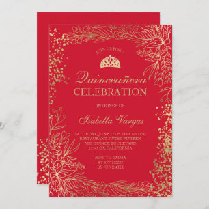 Gold floral red Tiara chic Quinceañera Invitation