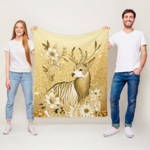 Gold Floral Reindeer Fleece Blanket