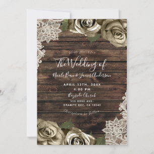 Gold Floral Roses Rustic Wood Cream Lace Invitation