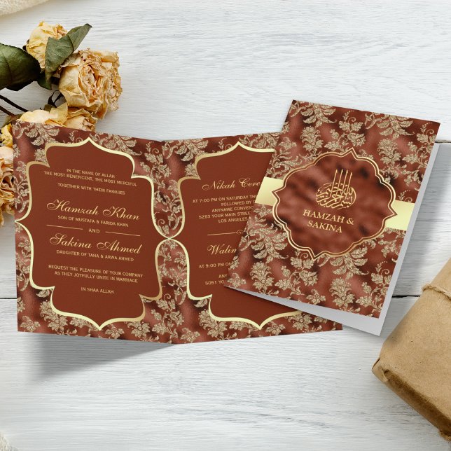 Gold Floral Rust Orange Islamic Muslim Wedding Invitation (Creator Uploaded)