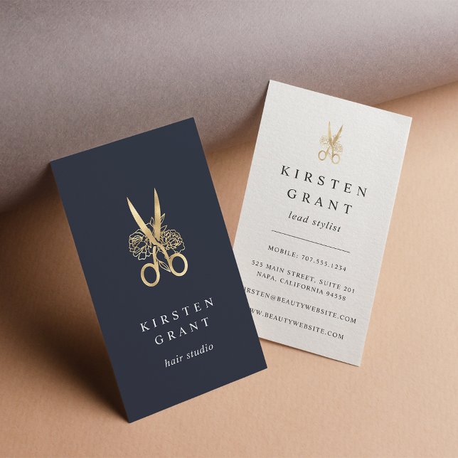 Gold Floral Scissors Logo Hairstylist Business Card (Creator Uploaded)