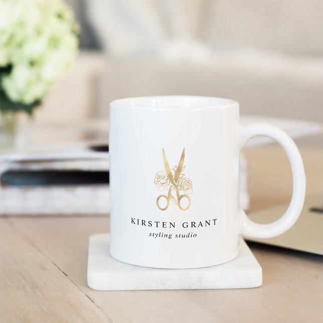 Gold Floral Scissors Salon Logo Coffee Mug (Creator Uploaded)