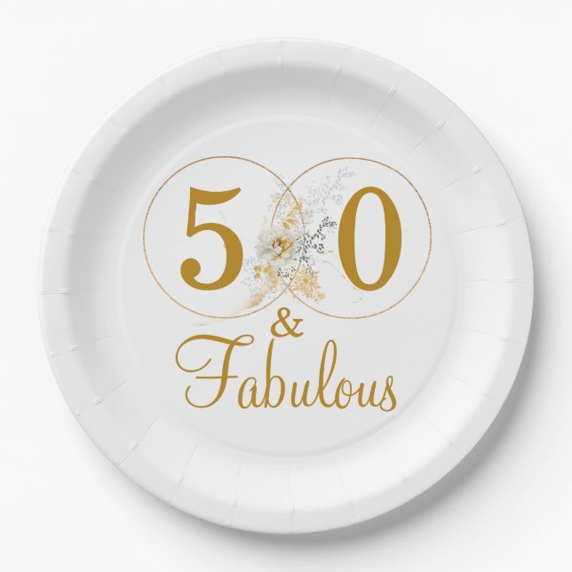 Gold Floral Script 50th Birthday Party Paper Plate (Front)