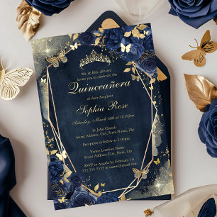 Gold Floral Sparkle Butterfly Navy Quinceanera