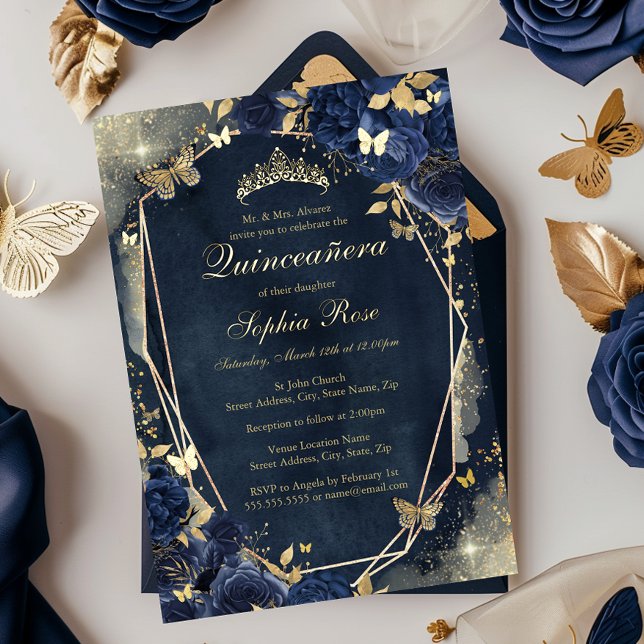 Gold Floral Sparkle Butterfly Navy Quinceanera (Creator Uploaded)