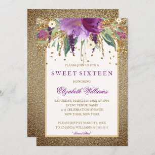 Gold Floral Sparkling Amethyst Sweet Sixteen Invitation