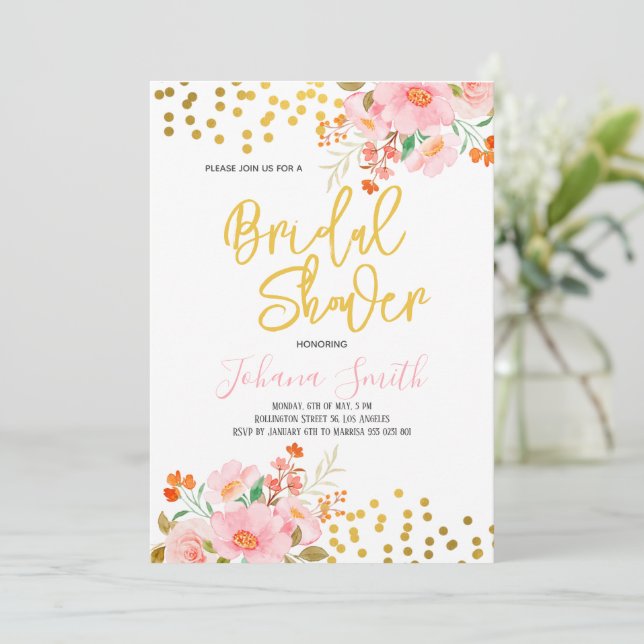 Gold Floral Spring Bridal Shower Invitation (Standing Front)