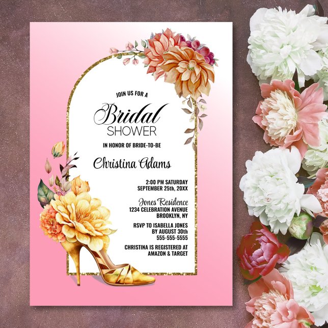 Gold Floral Stiletto Shoe Pink Arch Bridal Shower Invitation (Creator Uploaded)