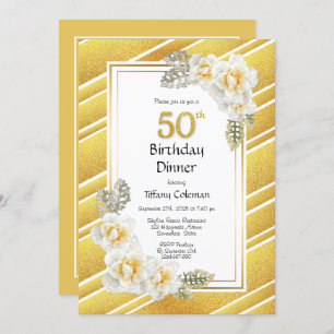 Gold Floral Striped 50th Birthday Dinner Party Invitation