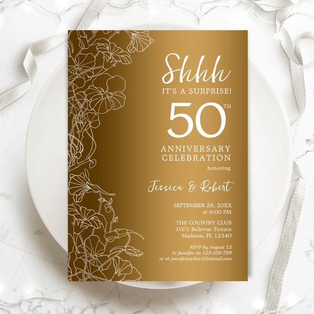 Gold Floral Surprise 50th Anniversary Invitation (Creator Uploaded)