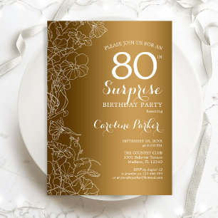 Gold Floral Surprise 80th Birthday Party Invitation