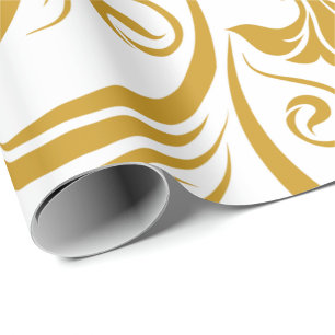gold floral & swirl designs on a white background  wrapping paper