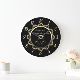 Gold Floral Swirls Black 25th Wedding Anniversary Large Clock
