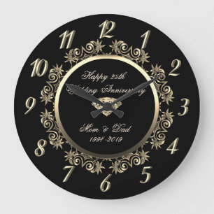 Gold Floral Swirls Diamond25th Wedding Anniversary Large Clock