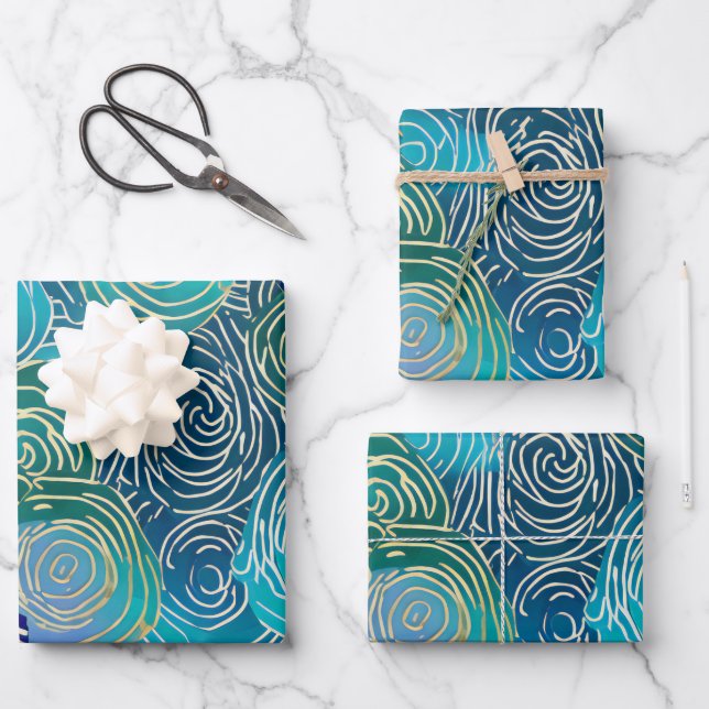 Gold Floral Swirls on Blue Green and Teal Wrapping Paper Sheet (Front)