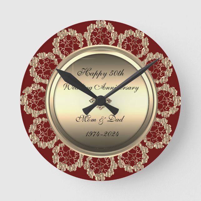  Gold Floral Swirls  Red 50th Wedding Anniversary  Round Clock (Front)