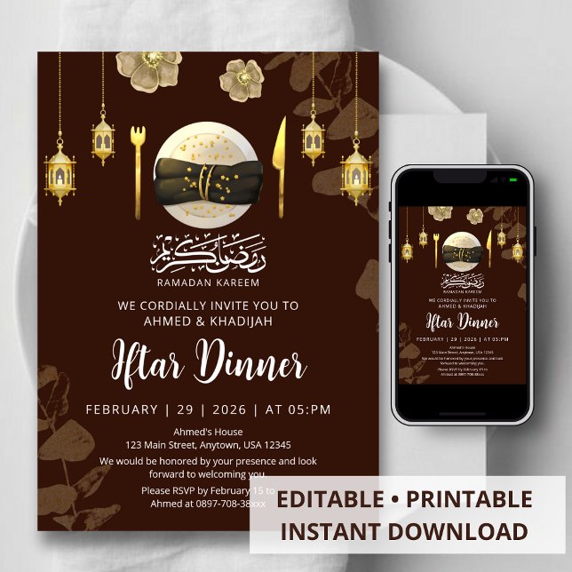 Gold Floral Tableware Ramadan Iftar Dinner Invitation (Creator Uploaded)