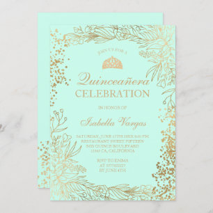 Gold floral teal aqua Tiara chic Quinceañera Invitation