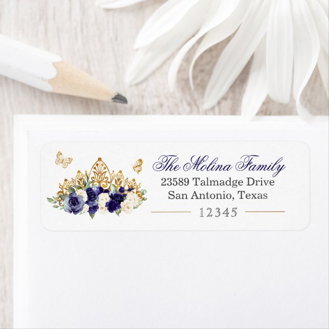 Gold Floral Tiara Navy Blue Return Address Label (Insitu)