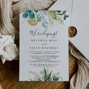 Gold Floral Tropical Green Elopement Reception Invitation