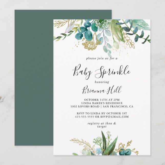 Gold Floral Tropical Greenery Baby Sprinkle Invitation (Front/Back)