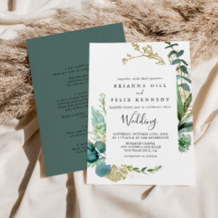 Gold Floral Tropical Greenery Front & Back Wedding Invitation