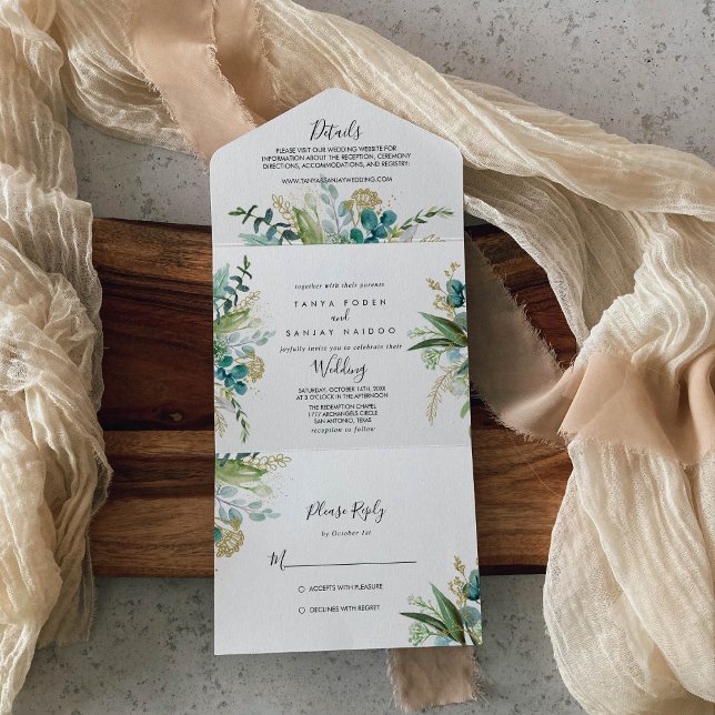 Gold Floral Tropical Greenery Wedding   All In One Invitation (Creator Uploaded)