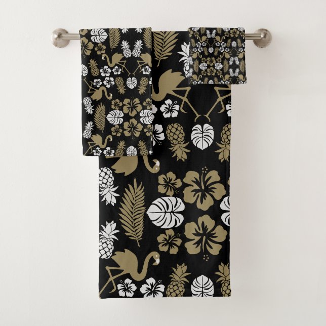 Gold Floral Tropical Patterned Bath Towel Set (Insitu)