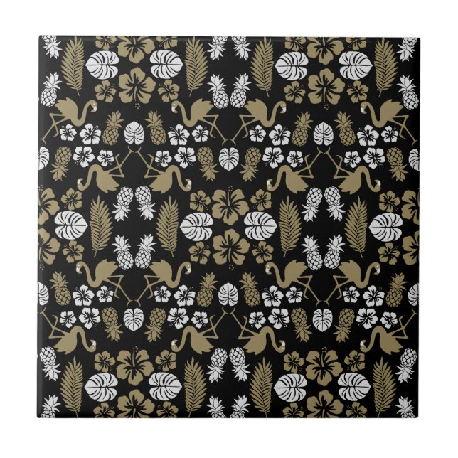 Gold Floral Tropical Patterned Ceramic Tile (Front)
