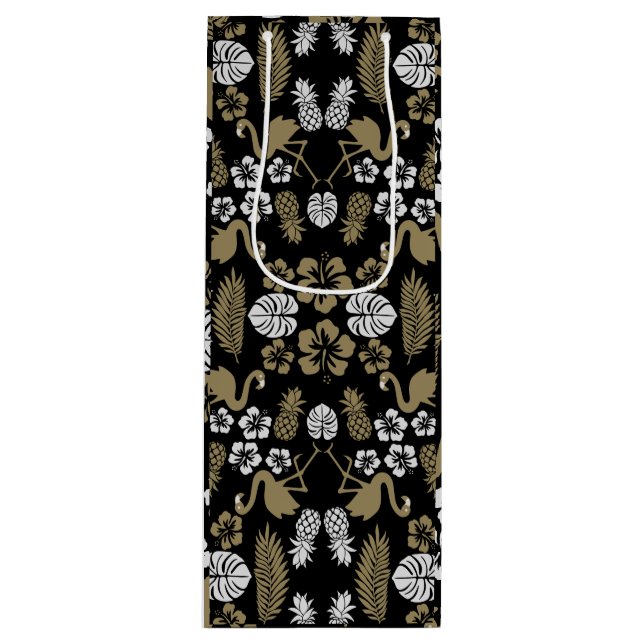 Gold Floral Tropical Patterned Wine Gift Bag (Front)