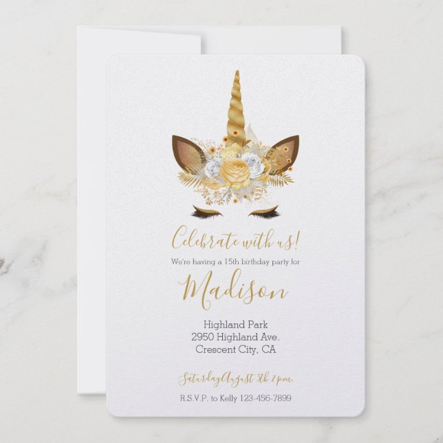 Gold Floral Unicorn Birthday Invitation (Front)