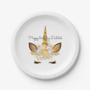 Gold Floral Unicorn Birthday Paper Plate