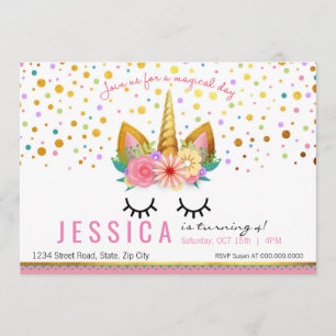 Gold Floral Unicorn Party Invitation
