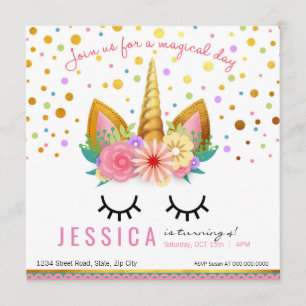 Gold Floral Unicorn Party Invitation