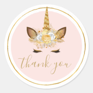 Gold Floral Unicorn Thank you Classic Round Sticker
