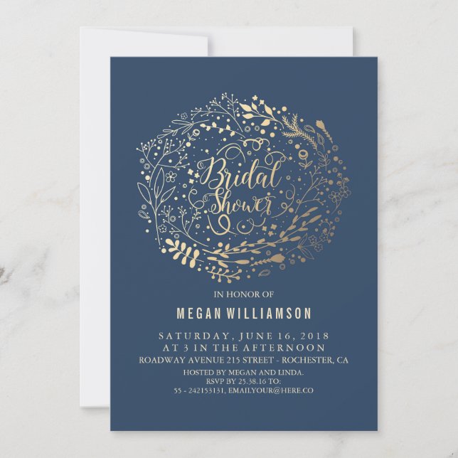 Gold Floral Vintage Navy Bridal Shower Invitation (Front)