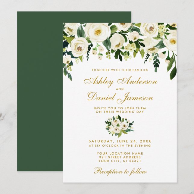 Gold Floral Watercolor Green Wedding Invitation GB (Front/Back)