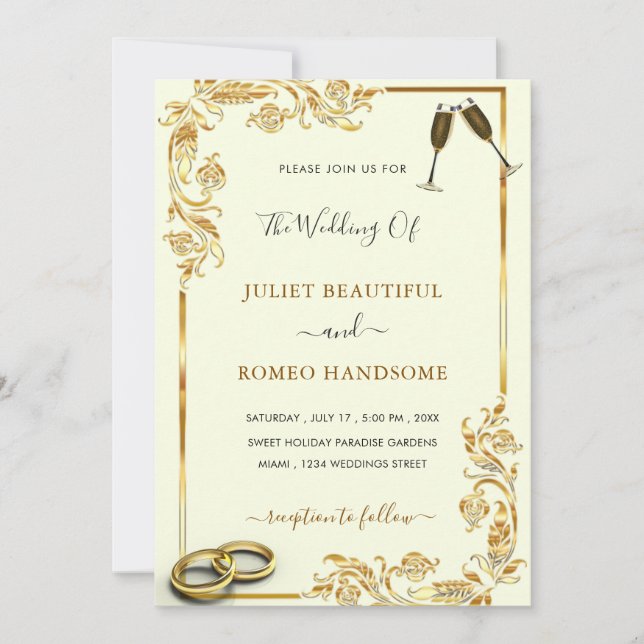 Gold Floral Wedding Invitation + Rings & Champagne (Front)