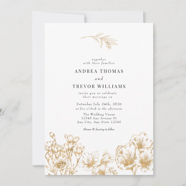 Gold Floral Wedding Invitations (Front)