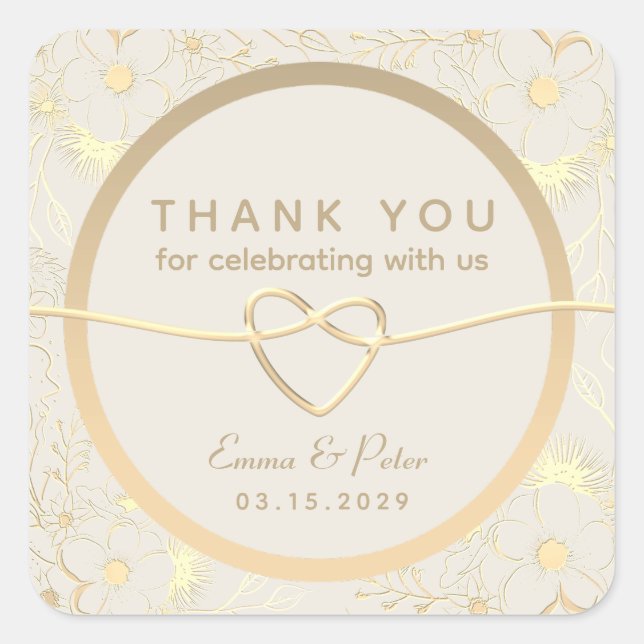 Gold Floral Wedding Thank You Square Sticker (Front)