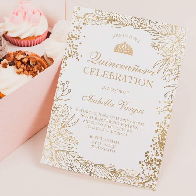 Gold floral white Tiara chic Quinceañera Invitation (Creator Uploaded)