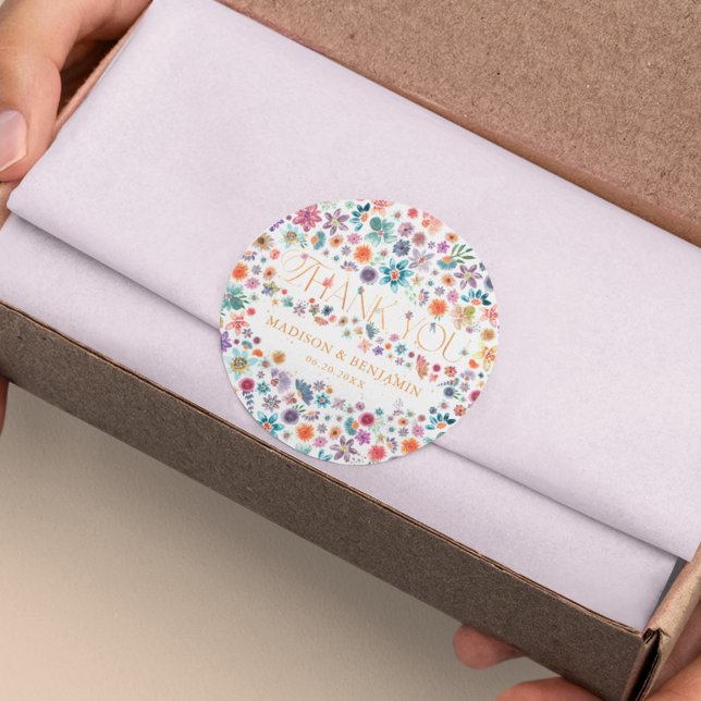 Gold Floral Wildflower Thank You Wedding Favour Classic Round Sticker (Creator Uploaded)