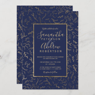 Gold floral winter navy blue typography wedding invitation