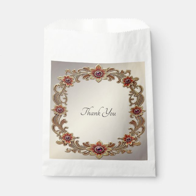 Gold Floral with Red Stones Favour Bag (Front)