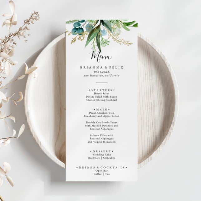 Gold Floral With Tropical Greenery Dinner Menu (Creator Uploaded)