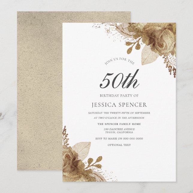 Gold Floral Womans Mens 50th Birthday Party Invite (Front/Back)