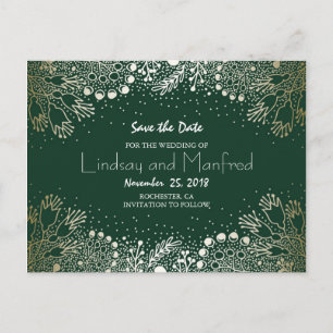 Gold Floral Wonderland Emerald Green Save the Date Announcement Postcard