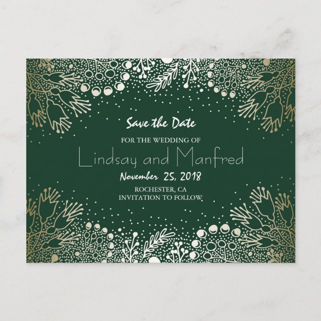 Gold Floral Wonderland Emerald Green Save the Date Announcement Postcard (Front)