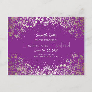Gold Floral - Wonderland Purple Save the Date Announcement Postcard
